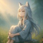 明け方の草原で静かに座り、光の差す空を見つめる狐耳の少女センのイラスト