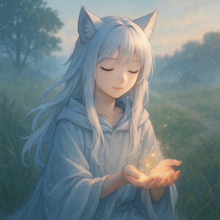 朝霧の中、手のひらに星粒のような光を宿しながら静かに見つめる狐耳の少女センのイラスト