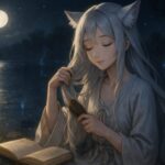 A serene fox-eared girl with moon-white hair, brushing her hair under a starlit sky by a lake, glowing softly beside a floating lantern and a mystical book.