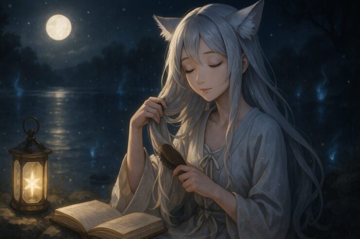 A serene fox-eared girl with moon-white hair, brushing her hair under a starlit sky by a lake, glowing softly beside a floating lantern and a mystical book.