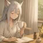 A serene fox-eared girl with long moonlight hair, sitting by a sunlit window with a cup of tea and a journal, expressing quiet self-care and the peace of continued routine.