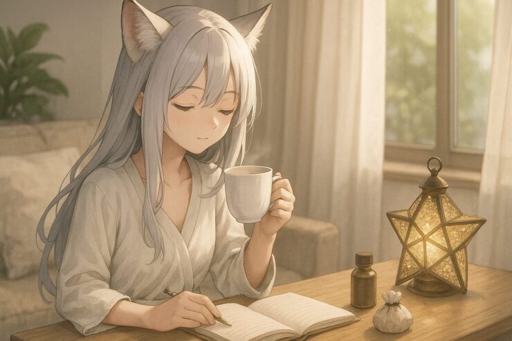 A serene fox-eared girl with long moonlight hair, sitting by a sunlit window with a cup of tea and a journal, expressing quiet self-care and the peace of continued routine.