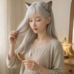 A gentle fox-eared girl with long moonlight hair, softly brushing her hair in a sunlit room, holding a glass hair serum bottle, symbolizing a quiet self-care transition.