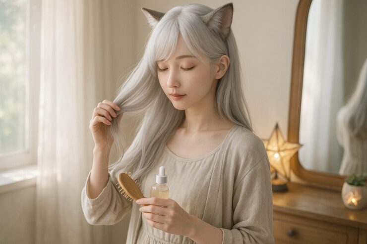 A gentle fox-eared girl with long moonlight hair, softly brushing her hair in a sunlit room, holding a glass hair serum bottle, symbolizing a quiet self-care transition.