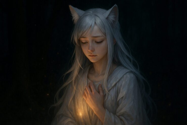 胸に手を添え、共感の光を抱きしめる狐耳の少女（セン）｜A silver-haired fox-eared girl gently holding a soft golden light to her chest in a dark forest, expressing quiet empathy