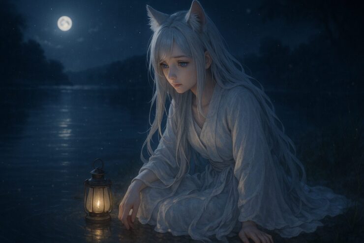 湖畔に佇み、自分の姿を水面に映す狐耳の少女（セン）｜A silver-haired fox-eared girl gazing into the moonlit lake, searching for her own reflection in the ripples