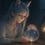 夜の室内で、水晶球を前に静かに問いを重ねる狐耳の少女（セン）｜A fox-eared girl gazing quietly into a glowing crystal ball, her thoughts illuminated by moonlight and lantern glow