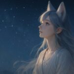 夜空を見上げるセン、星座の光に照らされたキツネ耳の女性（羽衣をまとう幻想的な横顔） A fox-eared woman (Sen) gazing at the starry sky, her silhouette softly illuminated by glowing constellations