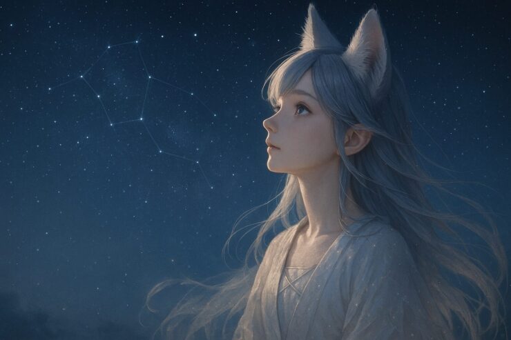 夜空を見上げるセン、星座の光に照らされたキツネ耳の女性(羽衣をまとう幻想的な横顔) A fox-eared woman (Sen) gazing at the starry sky, her silhouette softly illuminated by glowing constellations