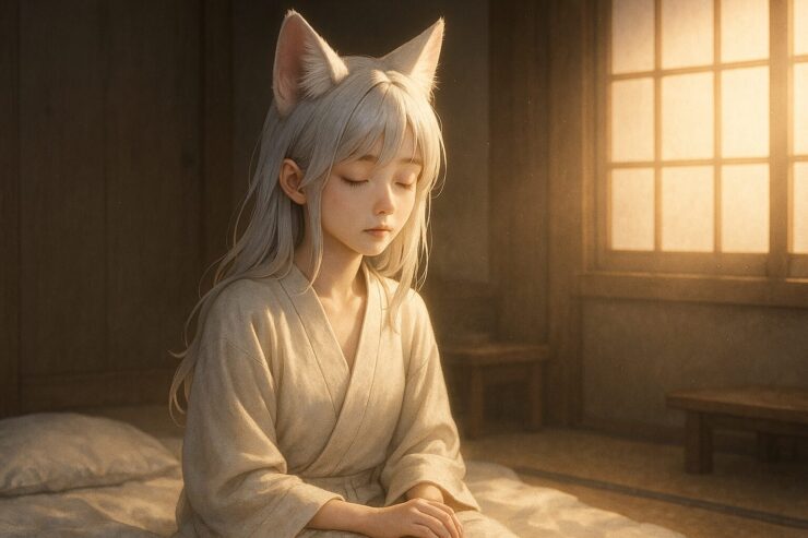 狐耳のセンが朝の光に目を閉じ、静かに座る情緒的構図|Sen with fox ears sits quietly in the morning light, her eyes closed as gentle sunbeams touch her face