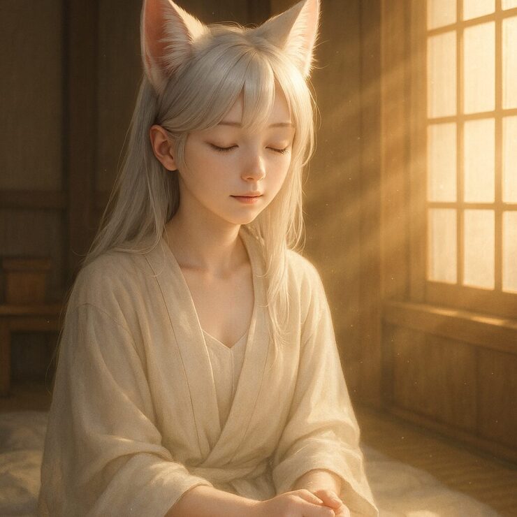 朝の光に包まれて瞼を閉じるセンの静かな横顔──目覚めの処方としての問い|A gentle portrait of Sen closing her eyes in the morning light, wrapped in a calm, introspective atmosphere