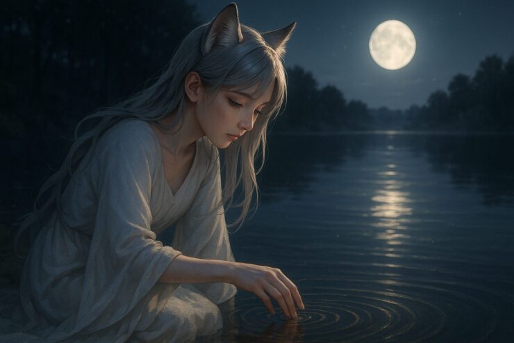 センが湖畔で水面にそっと触れ、波紋が静かに広がる情緒的な構図|Sen gently touches the moonlit lake, sending ripples across the surface in a moment of serene emotional clarity