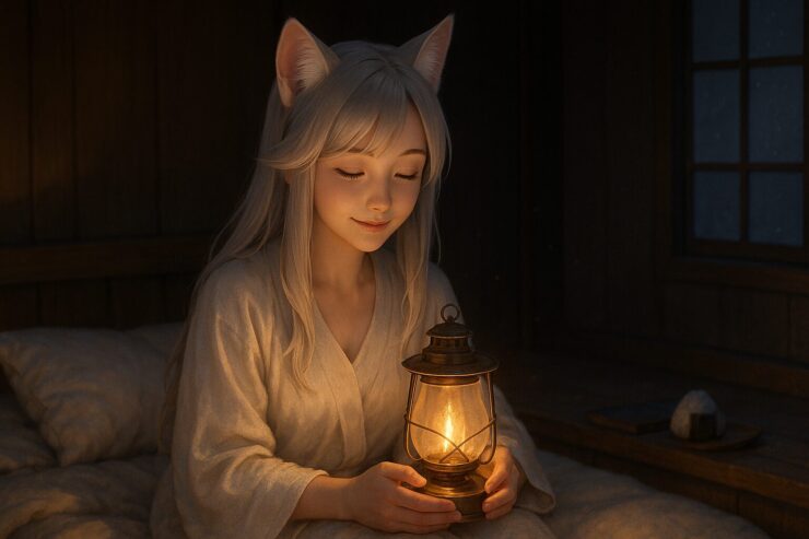 月白の狐耳少女がランプを抱えて、静かな朝の和室に座っている構図(A fox-eared girl in moonlight robes sits in a calm Japanese room, holding a lantern)