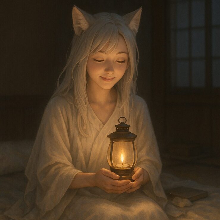 朝の光の中、狐耳の少女が憂うつな瞳で目覚める姿(A fox-eared girl awakening with melancholic eyes in the morning light)