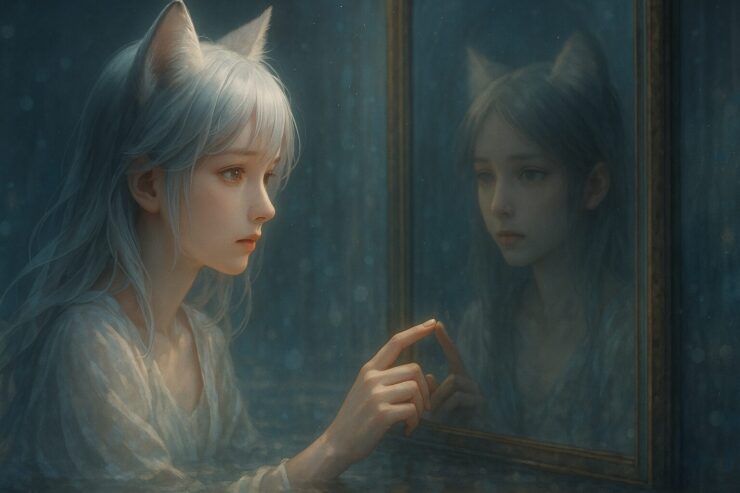 鏡に映る狐耳の少女センが、問いを宿すまなざしで幻想的な水鏡に触れる構図 A fox-eared girl, Sen, gazing into a dreamy mirror world with a questioning expression and ethereal lighting.