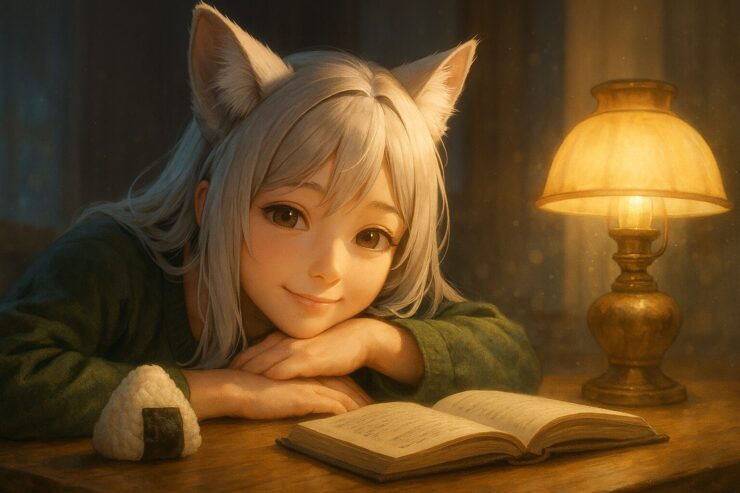 頬杖をつき静かに微笑む銀髪の狐耳少女セン。灯りと本とおむすびに囲まれた室内の温かい雰囲気。 A silver-haired fox-eared girl named Sen rests her cheek on a wooden desk, gently smiling, surrounded by a warm lamp, a rice ball, and an open book in a cozy room.
