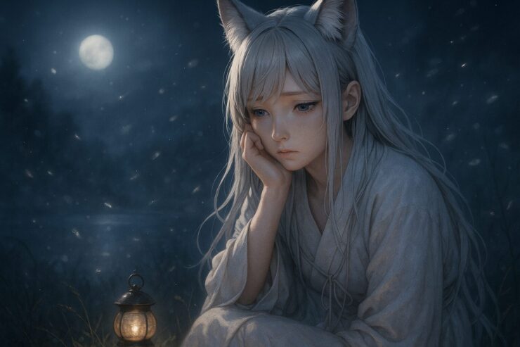 寂しげな狐耳の少女が月夜の草原でランプの光に照らされて佇む構図(Sen)|A silver-haired fox-eared girl sits quietly under the moonlight, touched by a lantern's glow