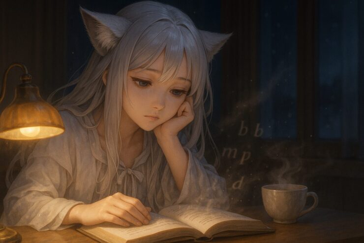 本を読みながらぼんやりと宙を見つめる狐耳の少女(セン)|A fox-eared girl (Sen) gazes blankly while reading under a warm lamp, letters fading in the air