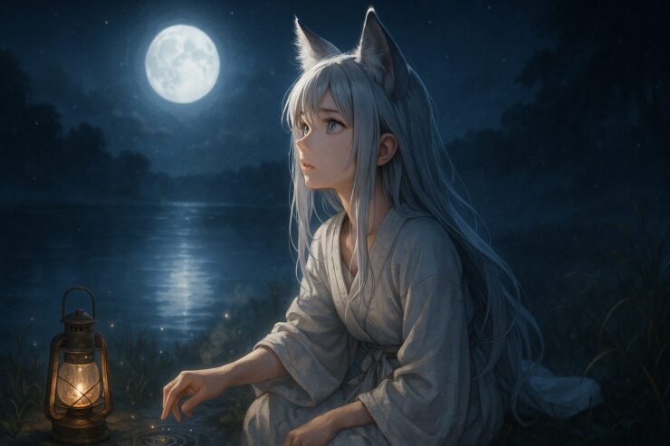 月夜の湖畔で、水面を見つめる狐耳の少女(セン)|A fox-eared girl (Sen) gazes at the moonlit lake, gently touching the water beside a glowing lantern