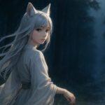 森の中で振り返る銀髪の狐耳少女（セン）｜A silver-haired fox-eared girl (Sen) turns gently in a moonlit forest, her robe and hair flowing in the wind