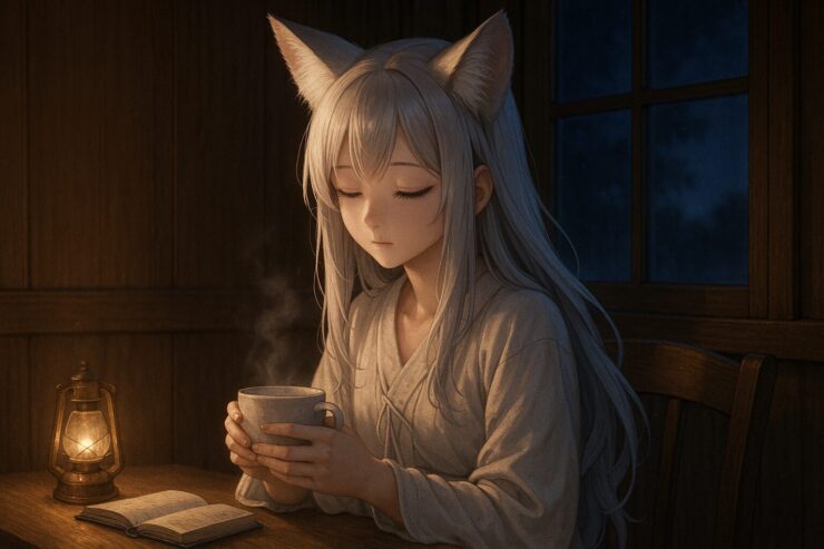 静かなカフェで湯気の立つカップを手に、狐耳の少女(セン)が月明かりに包まれて佇む構図|A fox-eared girl (Sen) holds a warm cup in a quiet café at night, lit by gentle lamplight and moonlight