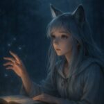 夜の森の中で、宙に漂う光の粒子にそっと手を伸ばす狐耳の少女（セン）｜A fox-eared girl (Sen) reaches toward floating glowing particles in a misty nighttime forest