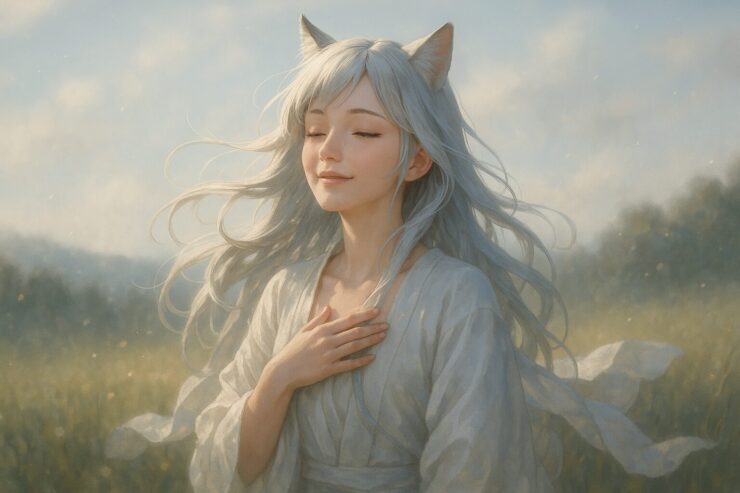 風を受けながら目を閉じて微笑む狐耳の少女。草原の中で、自分の胸に手を添え静かにたたずむ|A fox-eared girl with silver hair gently smiles with her eyes closed, placing a hand over her chest as she stands in a breezy sunlit field