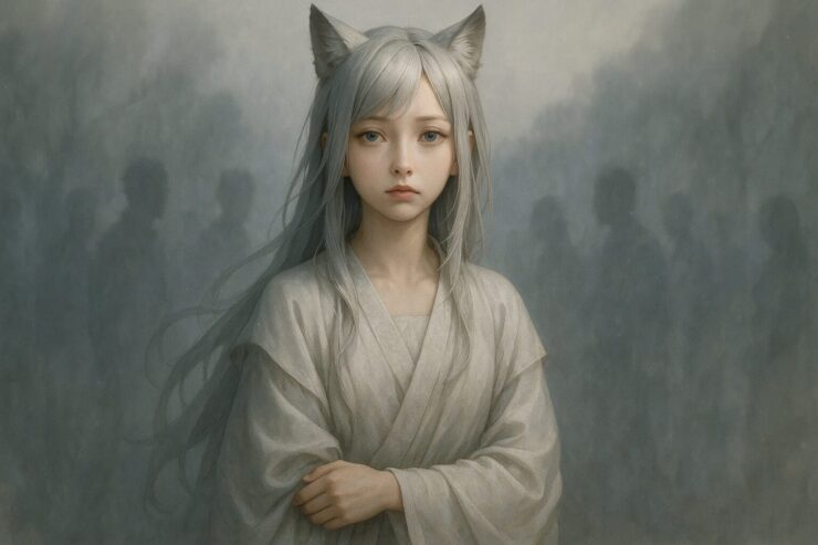 霧の中で静かに立つ狐耳の少女。周囲に人影がぼんやりと浮かび、自分を見つめ返すように前を向いている|A fox-eared girl stands quietly in the mist, surrounded by faint human silhouettes, looking ahead with calm determination