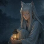 静けさの中で瞑想する狐耳の少女が、湖畔でランプを抱えて座る夜の風景｜A fox-eared girl in quiet meditation, holding a lantern by a misty lakeside under the moonlight