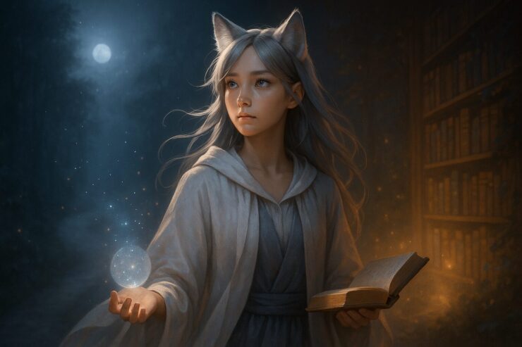月白のローブを纏い、左右異なる光に照らされながら静かに歩む狐耳の少女セン(Spiritual × Psychological balance) Fox-eared girl Sen walking quietly between dual lights—moonlight and booklight—symbolizing spiritual and psychological harmony