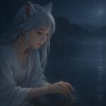 月明かりの湖畔で、水面に手を差し伸べる狐耳の少女。静かな夜に、自分の霊性と向き合っている｜A fox-eared girl reaches toward the lake’s surface under moonlight, quietly connecting with her inner spirituality on a serene night
