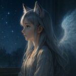 窓辺で星空を見つめる狐耳の少女セン。背後には淡い羽のような光が浮かび、見えない存在の気配を感じさせる幻想的な夜のシーン。 A fox-eared girl named Sen gazes at the stars through a window, with a faint wing-shaped glow behind her—evoking the presence of an unseen spiritual being in a quiet, moonlit night.