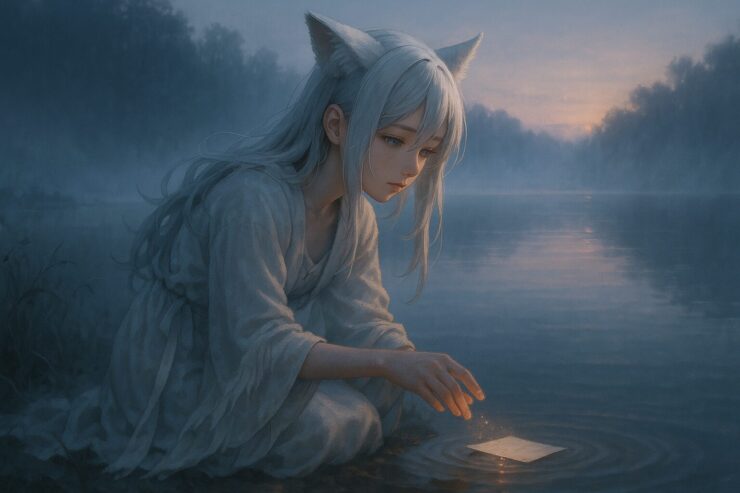 夜明けの湖畔で問いを書いた紙片を水面に浮かべる狐耳の少女セン／A fox-eared girl gently releasing a written note onto the lake at dawn