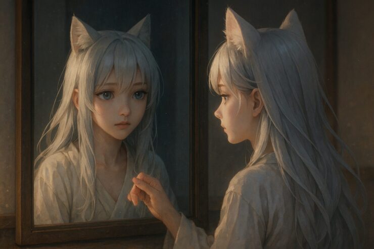 鏡の前で自分の姿を見つめる狐耳の少女セン／A fox-eared girl gazing into a mirror with quiet introspection and gentle confusion
