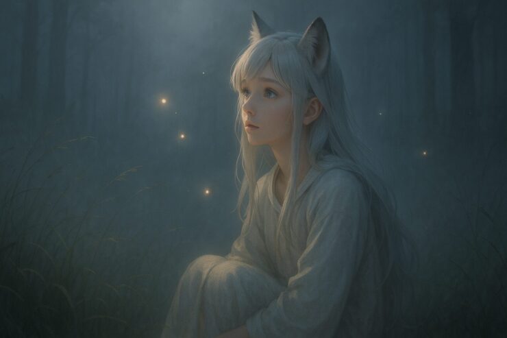 霧の森で感覚の違和感に静かに向き合う狐耳の少女セン／A fox-eared girl quietly contemplating her unusual senses in a misty forest