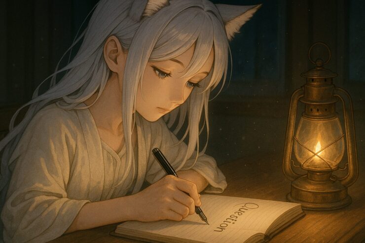 問いという言葉をノートに綴る狐耳の少女セン。手元のランプが紙と頬を照らし、静かな夜に灯火のような思索の気配が広がる一枚。 Sen, a silver-haired fox-eared girl, writes the word “Question” in her notebook under the warm glow of a lantern. A quiet moment where light and thought gently converge.