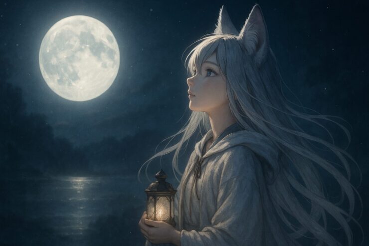 月を見上げる狐獣人の少女センが、湖畔で静かに問いを抱く姿。月白の長い髪が風に揺れ、胸元のランプが淡く灯る幻想的な夜。 A fox girl with long silver-white hair gazes at the full moon, holding a softly glowing lantern by a misty lakeside. A tranquil scene of quiet contemplation.