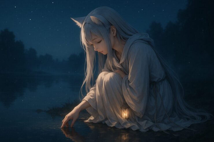 湖面に指先をそっと触れながら静かに問いを映す狐獣人の少女セン。白いローブと長い髪が静寂の夜に溶け、心の奥が揺らめくような構図。 A fox girl kneels by a quiet lake, gently touching the water’s surface. Her silver robe and hair blend into the misty night, reflecting tranquil introspection.