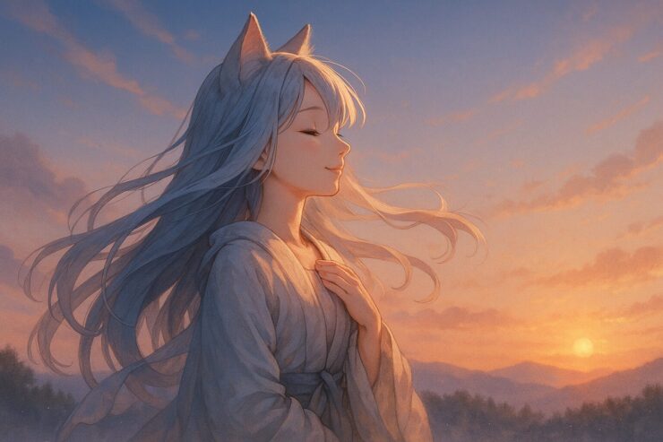 夜明けの光に目を閉じ、静かに微笑む狐獣人の少女セン。銀白の長髪とローブが朝の風に揺れ、東の空にやわらかな答えが浮かぶ。 A fox girl closes her eyes in the morning light, her silver hair and robe fluttering as she receives a quiet answer from the dawn sky.