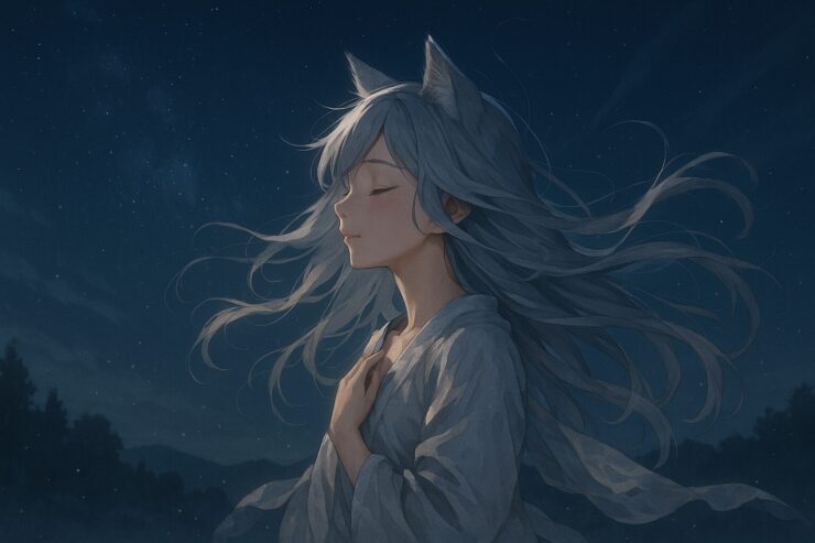 夜風を受けて目を閉じる狐獣人の少女セン。長い髪と羽衣が風に舞い、心の奥に触れる“記憶”を感じるような静謐な瞬間。 A silver-haired fox girl closes her eyes as the wind flows through her hair and robe, sensing a memory in the air beneath a starry night sky.