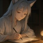 ランプの光に照らされながら、ノートに詩を綴る狐獣人の少女セン。静かな夜、彼女の指先が言葉にならない想いを紙に運ぶ。 A fox girl writes poetry by lantern light, her silver hair and white robe wrapped in quiet focus. Her hand gently guides silent thoughts onto the page.
