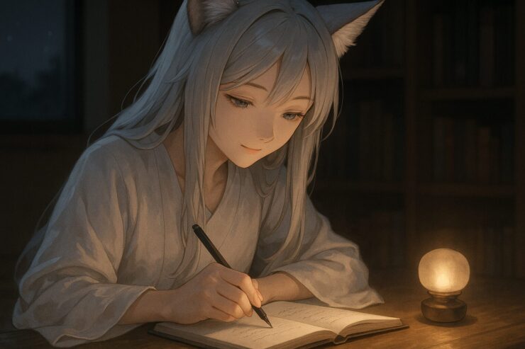 ランプの光に照らされながら、ノートに詩を綴る狐獣人の少女セン。静かな夜、彼女の指先が言葉にならない想いを紙に運ぶ。 A fox girl writes poetry by lantern light, her silver hair and white robe wrapped in quiet focus. Her hand gently guides silent thoughts onto the page.