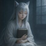 古典書を胸に抱き、目を閉じて静けさに身を委ねる狐獣人の少女セン。月光と霧が満ちる和室で、本から受け取った沈黙を感じている。 A fox girl sits quietly in a misty room, eyes closed, holding a classic book to her chest. Bathed in moonlight, she reflects in silence with graceful calm.
