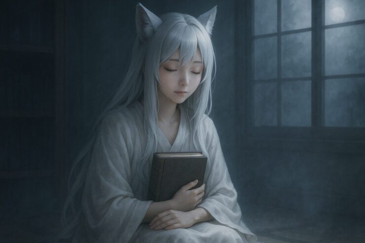 古典書を胸に抱き、目を閉じて静けさに身を委ねる狐獣人の少女セン。月光と霧が満ちる和室で、本から受け取った沈黙を感じている。 A fox girl sits quietly in a misty room, eyes closed, holding a classic book to her chest. Bathed in moonlight, she reflects in silence with graceful calm.