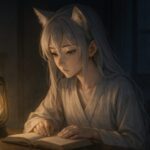 夜のランプの灯でノートに目を落とす狐獣人の少女セン。静かに問いを探し、思考を紙に委ねる姿が落ち着いた時間を映す。 A fox girl reads quietly under a soft lamp at night, her silver hair and robe reflecting the calm focus as she discovers questions through her book.