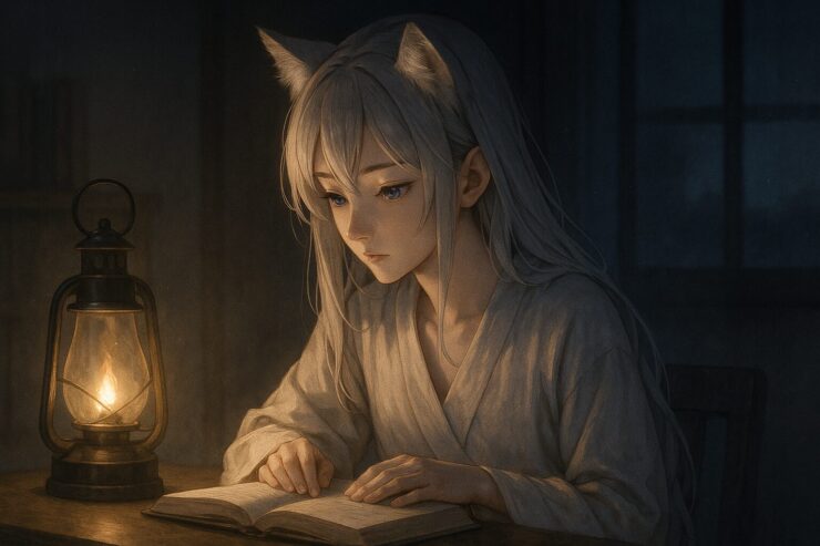 夜のランプの灯でノートに目を落とす狐獣人の少女セン。静かに問いを探し、思考を紙に委ねる姿が落ち着いた時間を映す。 A fox girl reads quietly under a soft lamp at night, her silver hair and robe reflecting the calm focus as she discovers questions through her book.