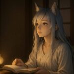 読み終えた物語を前に、静かに問いを投げかけるようなまなざしを浮かべる狐獣人の少女セン。夜の静けさに思考がゆっくりと満ちていく。 A fox girl rests her gaze beyond the open book, as if returning a question to the story. In the quiet night, her thoughts linger softly in the air.
