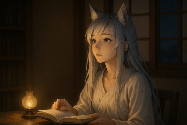 読み終えた物語を前に、静かに問いを投げかけるようなまなざしを浮かべる狐獣人の少女セン。夜の静けさに思考がゆっくりと満ちていく。 A fox girl rests her gaze beyond the open book, as if returning a question to the story. In the quiet night, her thoughts linger softly in the air.