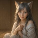 和室の柔らかな光の中、月白の羽衣を胸元でそっと握る狐耳の少女セン。瞳には静かな問いとかすかな火種が宿り、“今”という瞬間を抱きしめている In a softly lit tatami room, a silver-haired fox-eared girl named Sen gently holds her robe to her chest, her blue-gray eyes filled with quiet reflection—embracing the present moment.