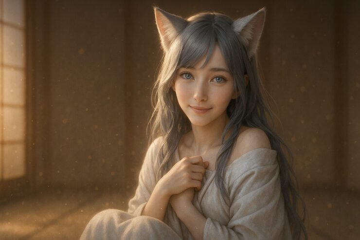 和室の柔らかな光の中、月白の羽衣を胸元でそっと握る狐耳の少女セン。瞳には静かな問いとかすかな火種が宿り、“今”という瞬間を抱きしめている In a softly lit tatami room, a silver-haired fox-eared girl named Sen gently holds her robe to her chest, her blue-gray eyes filled with quiet reflection—embracing the present moment.